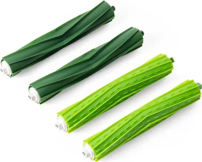 Four green vacuum cleaner brush rolls are arranged diagonally on a white background.