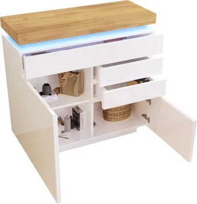 Produktbild von AIORBER Sideboard in Hochglanz Weiß mit LED Beleuchtung (App Control), Kommode mit 2 Türen und 3 Schubladen, Mehrzweckschrank für Wohnzimmer, 115×110×39 cm