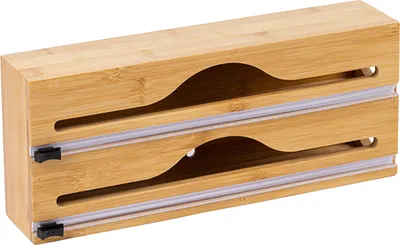 Produktbild von Relaxdays Folienspender, 2 Rollen, Schublade, Bambus, HxBxT: 14 x 33 x 7 cm, Folienschneider Küche, Folienhalter, natur