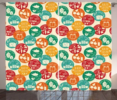 Produktbild von ABAKUHAUS Fitness Rustikaler Gardine, Gesundes Leben Icons, Schlafzimmer Kräuselband Vorhang mit Schlaufen und Haken, 280 x 260 cm, Mehrfarbig
