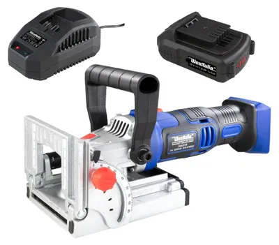 Zdjęcie produktu dla Frezarka do lameli akumulatorowa 18V z baterią 1,5 Ah, ładowarką 2,4 A, regulacją 0-90°, max 18 mm, 8500 obr/min