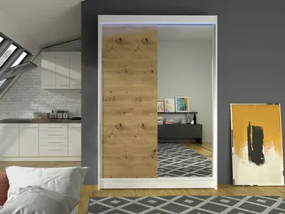 Obrázek produktu pro Šatní skříň 120 cm se zrcadlem a LED RGB osvětlením SAMANRE 1 - bílá / dub artisan