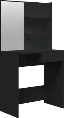 A black vanity table with a mirror and shelves.