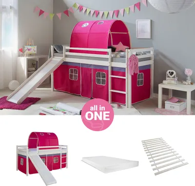 Produktbild von Homestyle4u Hochbett 90x200 mit Rutsche Matratze Lattenrost Vorhang Tunnel pink Kinderbett Weiß Holz Kiefer Massiv Jugendbett