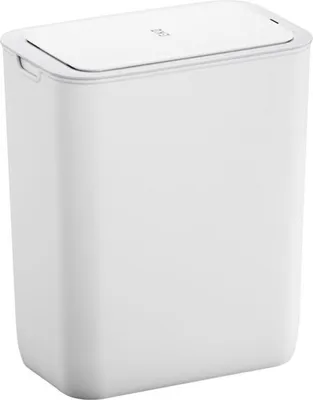 A white, modern, rectangular trash can with a lid is shown against a white background.