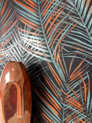 Produktbild von NEWROOM Tapete Schwarz Vliestapete Dschungel - Mustertapete Modern Orange Petrol Palmen Blätter Blumentapete Tropisch Dschungeltapete