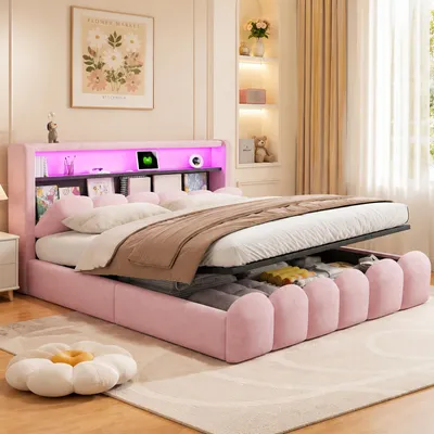 Produktbild von Flieks Hydraulisches Polsterbett 180x200cm mit Stauraum, Doppelbett Jugendbett mit Led und Ladefunktion, Boxspringbett Samt mit Lattenrost, Samt, Rosa