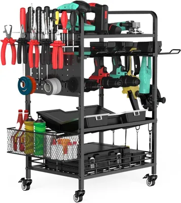 Immagine prodotto di Carrello portattrezzi a 4 ripiani, capacità 100 kg, in acciaio nero, con ruote, ideale per il garage