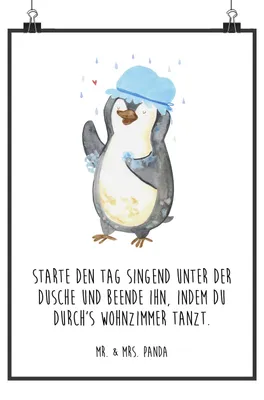 Produktbild von Mr. & Mrs. Panda Poster Pinguin Duschen DIN A0 - Weiß - Geschenk, Posterdruck, glücklich sein, drucke, wanddeko, Duschkonzert, Neuanfang, Wandbild, Pinguine, Motivation