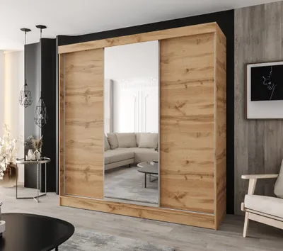 Produktbild von Moderner 3-türiger Schwebetürenschrank 210 × 205 cm in Wotan Eiche mit Spiegel und 2 Schubladen – Ideal für Schlafzimmer und Flur