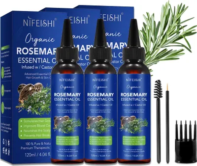 Immagine prodotto di Olio di rosmarino con olio di ricino Olio essenziale per la crescita dei capelli cuoio capelluto cura della pelle, 3x 120ml