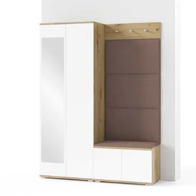 Produktbild von Garderoben-Set Aura Version 1: Kleiderschrank mit Polsterpaneelen, Schuhschrank Flur und Eingangsbereich (weiß/Artisan-Eiche  /Trinity 06)