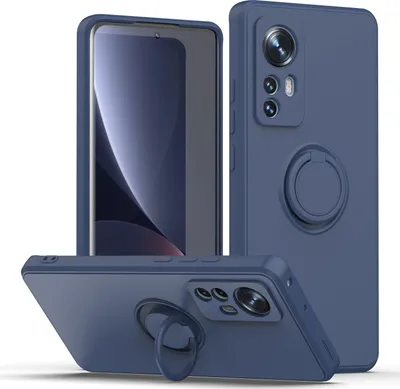 Three views of a blue phone case with a ring holder, displayed on a white background.