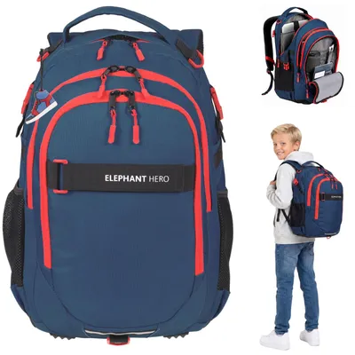 Produktbild von Schulrucksack Jungen Schultasche Elephant Hero Signature Schule Tasche Rucksack Schulmappe 3 Fächer Brustgurt Laptop Fach 13205 Solid Blau Rot