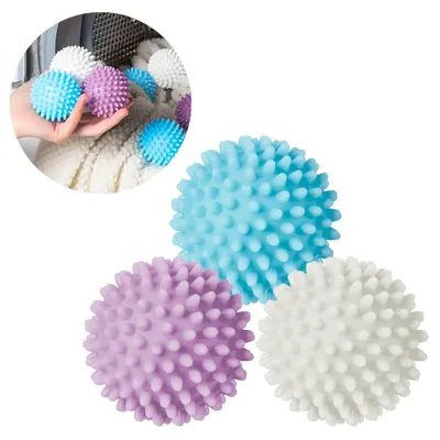 Three laundry dryer balls in different colors are arranged on a white background. A circular inset shows a hand holding some of these balls inside a washing machine.