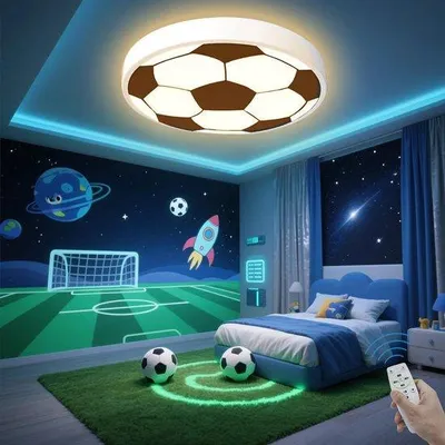 Obrázek produktu pro Stropní svítidlo Unyqoos® pro děti s motivem fotbalu – LED, 48 W, stmívatelné (10–100 %) s dálkovým ovládáním, energeticky úsporné, průměr 40 cm, vhodné do dětských pokojů