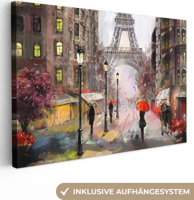 Produktbild von MuchoWow® - Leinwandbilder - Gemälde - Paris - Eiffelturm - Regenschirm - Ölgemälde, Wandbild, Wanddeko Bilder Wohnzimmer, 120x80 cm