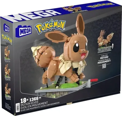 The image shows the packaging for a Mega Construx Pokemon Motion Eevee building set.