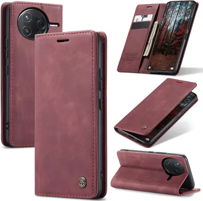 A collage of images showing a burgundy flip phone case from different angles, including its interior card slots and how it protects a phone.