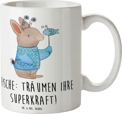 Produktbild von Mr. & Mrs. Panda Teetasse Fische Kraft - Weiß - Geschenk, Trinkbecher, Kreativ, sensibel, Tierkreiszeichen, Meer, Becher, Sternzeichen, Horoskop, Keramiktasse, Geschenke