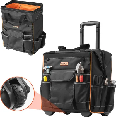 Produktbild von VEVOR Werkzeugtasche mit Rollen, 50 kg Tragkraft, 25 Taschen, Arbeitsrucksack, verstellbarer Teleskopgriff & stabiler Standfuß, Werkzeugtaschen-Organizer für Bau, Mechanik, 390x290x420 mm