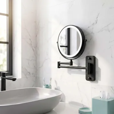 Produktbild von Relaxdays Kosmetikspiegel Wand, mit LED-Beleuchtung, 10-fach, 360° drehbar, Ø 17,5 cm, Metall, Akku mit USB, schwarz
