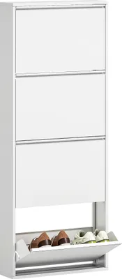 A white metal shoe cabinet with four flip-down compartments, two of which are open to reveal shoes.
