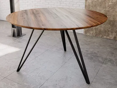 Produktbild von Runder Esszimmertisch 110 cm Insa, Esstisch nussbaumfarben, Akazienholz massiv, schwarzer Metallfuß, Tischplatte mit Schweizer Kante