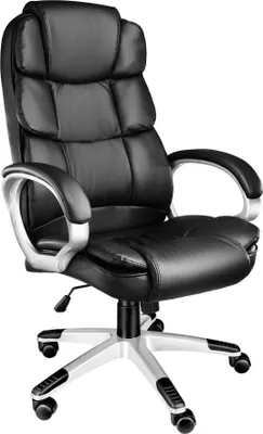 A black office chair with silver accents is shown against a white background.