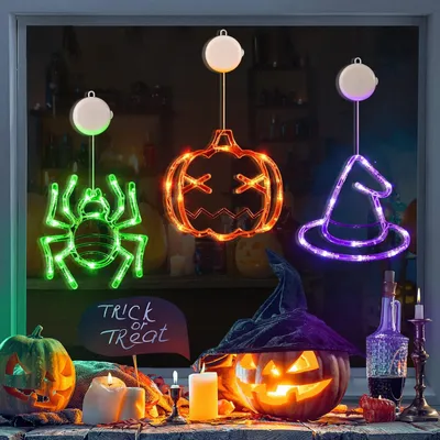 Produktbild von LOLStar Halloween-Dekorationen, orangefarbener Kürbis, grüne Spinne und lila Hexenhut, Halloween-Fensterlichter mit Saugnapf, batteriebetriebene Innenbeleuchtung für Halloween-Fensterdekoration