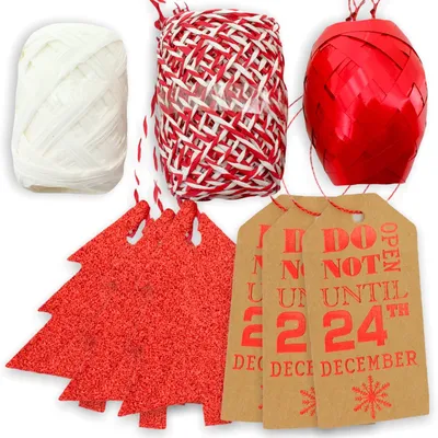 Produktbild von Dekorative Geschenkband und Geschenkanhänger für Dekoration und Verpackung – 3 Rollen + 6 Anhänger