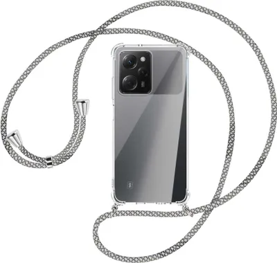Produktbild von Handykette Backcover-Schutzhülle mit Band (Metall silberfarben) für Xiaomi Poco X5 Pro (6.67'') - weiß/grau kariert