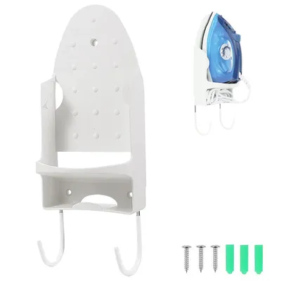 A white wall-mounted ironing board holder and a blue iron are displayed against a white background. Screws and wall plugs are also shown.