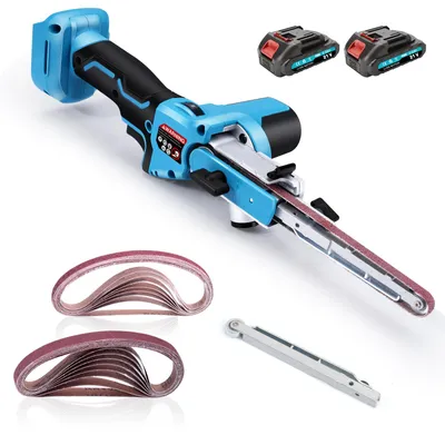 Produktbild von Akku-Mini-Bandschleifer, Bürstenloser Schleifer, 2 Akkus, 13x457mm, 6-fach 260-630m/min 100° schwenkbar Staubanschlussadapter Werkzeugloser Bandwechse