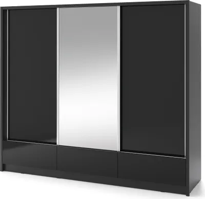 Produktbild von Schwebetürenschrank 250 cm Arela - Kleiderschrank mit Spiegel - Schrank vom Hersteller, Schlafzimmerschrank mit Schubladen, 3 Tür (Schwarz Glanz)