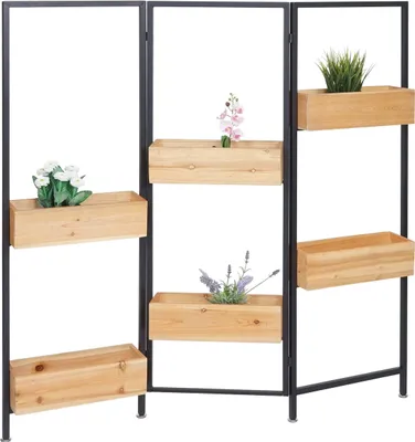 Zdjęcie produktu dla Przegroda do pokoju z donicą HWC-L32, przegroda do pokoju z donicą, drewno/stal 116x118cm ~ rama czarna, kolor naturalny