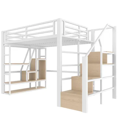 Produktbild von Flieks Etagenbett 140x200cm mit Regal, Kinderbett Doppelbett mit Treppe, Jugendbett Metallbett mit Led, Hochbett Stockbett, Weiß