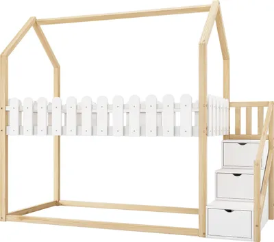 Produktbild von Kinderbett(Weiss+Natur)90*200,Etagenbett, mit 3 Treppen, mit 3 Ablagefächer, mit Zaundekor, massivholz, Ohne Matratze