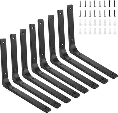 Productafbeelding van Famanu set van 8 zwarte metalen hoeksteunen - Wandplankhouder 90 graden - L-vormige hoekverbinder - 250 x 300 mm