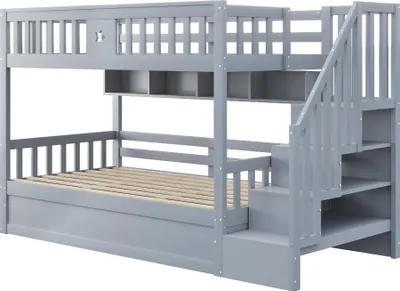 Obrázek produktu pro Dřevěná postel Sweiko 90x200 cm, hydraulický podstavec pod postel, úložné schody, police, podkrovní postel, patrová postel, postel pro mládež, šedá barva