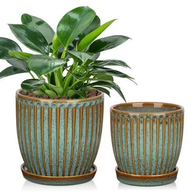 Image de Cache-pot en céramique texturé, couleur bleu foncé, avec soucoupe, 15 cm / 13 cm