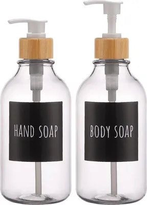 Produktbild von Unyqoos® Seifenspender 2er-Set 500 ml – transparente, nachfüllbare Kunststoff‑Flaschen mit Bambuspumpe, 6 wasserfeste Etiketten, für Küche & Bad
