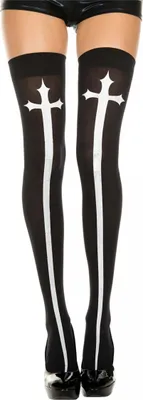 Produktbild von Gothic Overknees Damen – Schwarze Strümpfe mit weißem Kreuz Print – One Size – Für Kostüm & Fashion Fans – Halloween Fasching Karneval