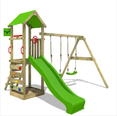 A wooden playground set with a green slide and swings, set against a white background.