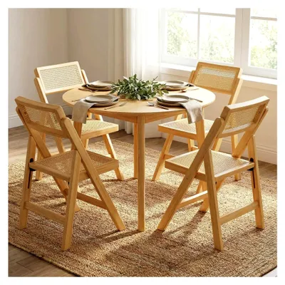 Produktbild von Klappstuhl aus Holz mit Rattan und Wiener Geflecht im böhmischen Stil, für Esszimmer, Camping und Balkone