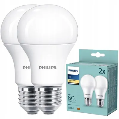 Obrázek produktu pro Philips Žárovka 60 W A60 2× E27, 8 W, 60 W, E27, 806 lm, 15000 h, Teplá bílá