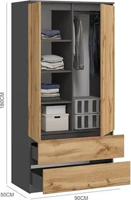 Zdjęcie produktu dla BDW, szafa Monia, z 2 szufladami, antracyt/dąb Wotan, 50Dx90Wx235H cm (2 szuflady)