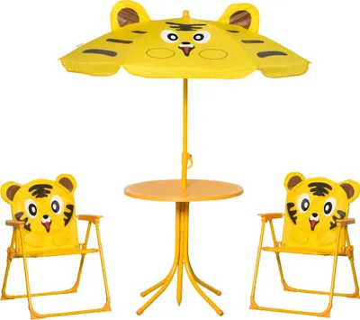 Image de Outsunny Ensemble Salon de Jardin Enfant 4 pcs Design Tigre - Table Ronde + 2 chaises Pliables + Parasol - métal époxy Oxford Jaune