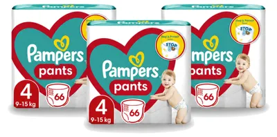 Obrázek produktu pro 3 kusy plenkových kalhotek Pampers velikosti 4, pro děti vážících 9–14 kg – výhodný balení