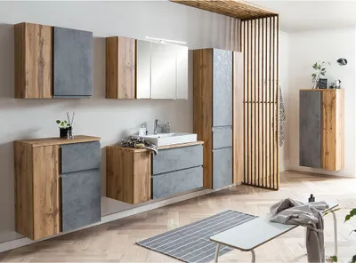 Produktbild von Badmöbel Komplett Set inkl. Keramik-Waschbecken rechts und LED Beleuchtung in Wotan Eiche Nb. mit Beton Optik, VASTO-03-CONCRETE